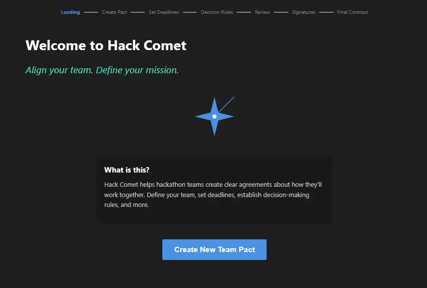 Hack Comet screenshot of landing page