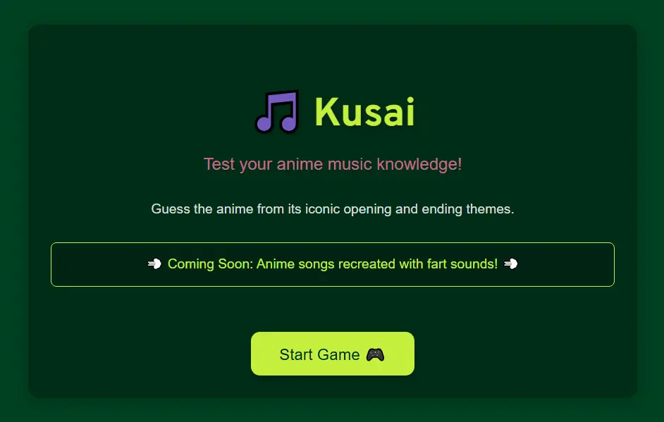 Kusai screenshot of landing page